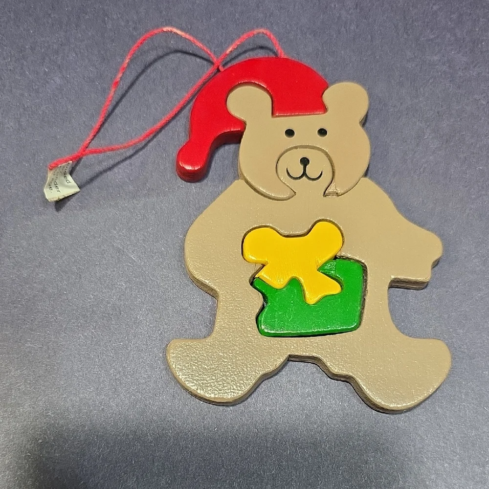 Giftco Holiday Puzzler Wooden Ornament Teddy Bear Christmas Santa Hat,‎ Vintage